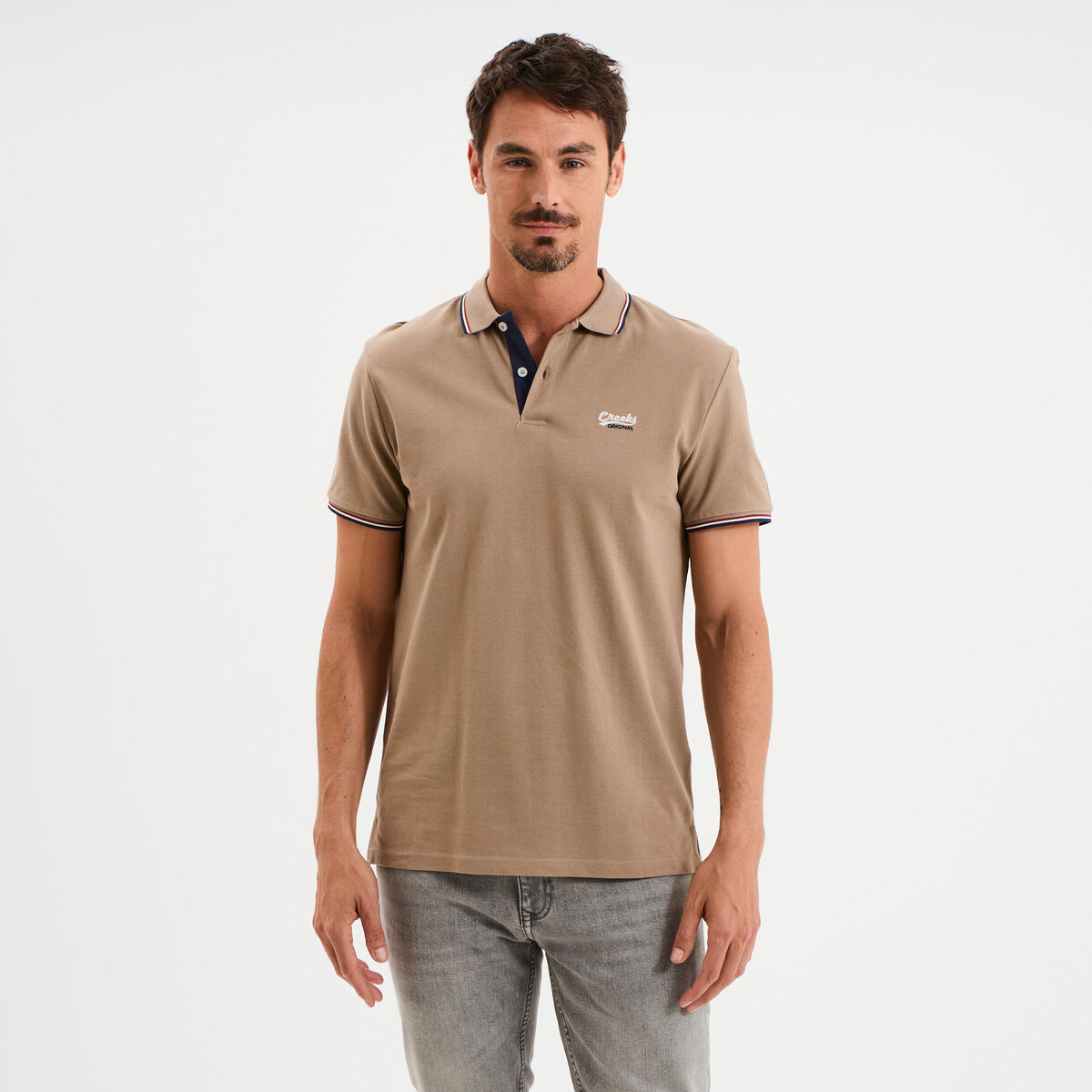 Polo avec broderie poitrine coton Creeks taupe homme
