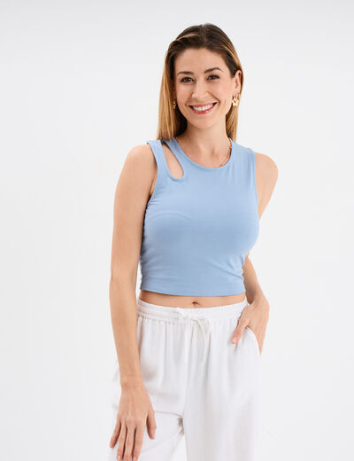 Débardeur cropped ouverture épaule bleu clair femme