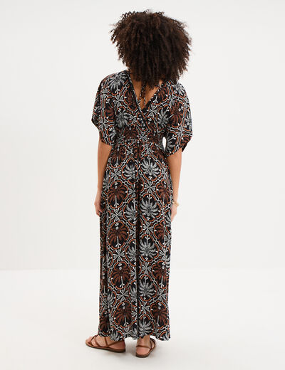 Robe fluide longue col et dos en V noir femme