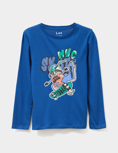 T-shirt col rond manches longues coton bleu garçon