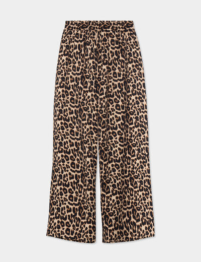 Pantalon large fluide taille élastiquée beige femme