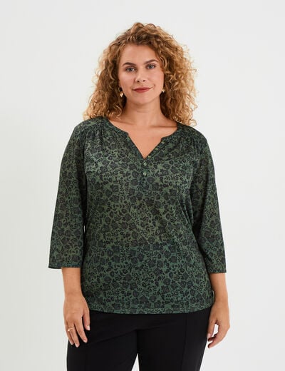 T-shirt col tunisien manches 3/4 vert kaki femme grande taille