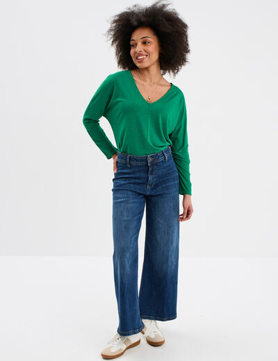 T-shirt col en V manches longues vert femme