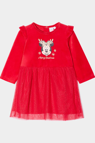 Robe velours bas tulle évasée Minnie rouge bébé fille