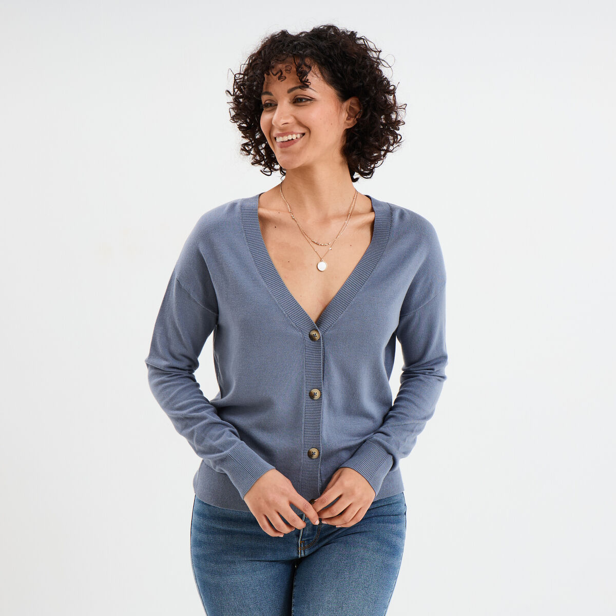 Gilet col en V boutonné bleu gris femme