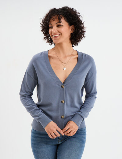 Gilet col en V boutonné bleu gris femme