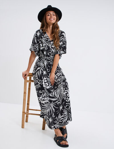 Robe longue col en V manches courtes noir femme