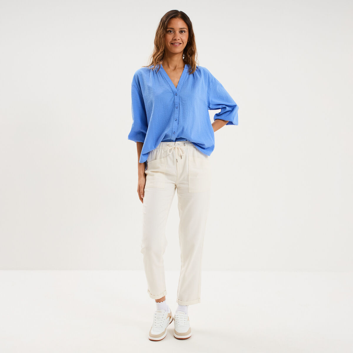 Blouse col tunisien manches 3/4 coton bleu electrique femme