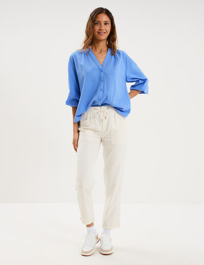 Blouse col tunisien manches 3/4 coton bleu electrique femme