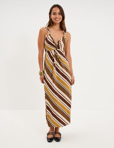 Robe longue &eacute;paules d&eacute;tails bijoux vert kaki femme