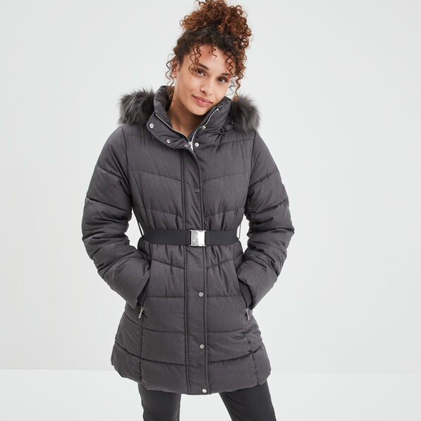 Doudoune ceinturée mi-longue à capuche gris clair femme
