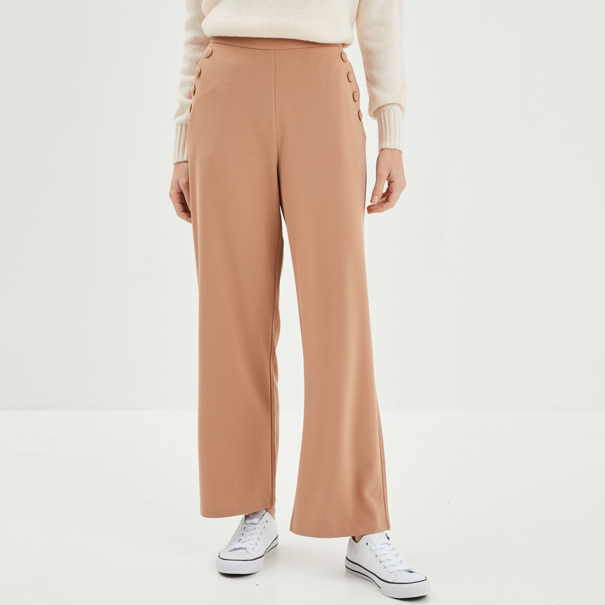 Pantalon droit à pont taille élastiquée marron clair femme