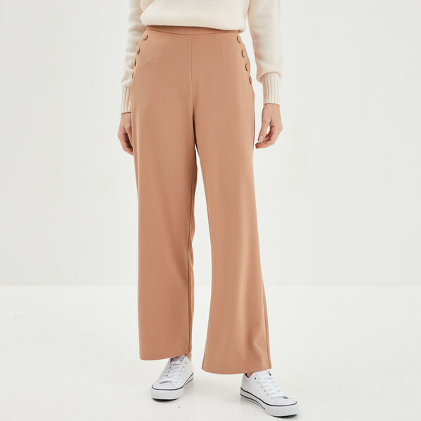 pantalon droit a pont taille elastiquee marron clair femme Pantalon droit à pont taille élastiquée marron clair femme