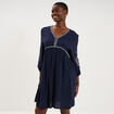 Robe courte brod&eacute;e manches 3/4 bleu fonc&eacute; femme