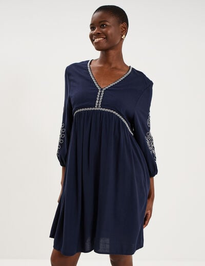 Robe courte brod&eacute;e manches 3/4 bleu fonc&eacute; femme
