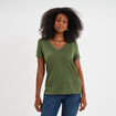 T-shirt col en V manches courtes vert kaki femme