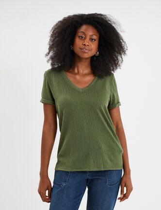 T-shirt col en V manches courtes vert kaki femme
