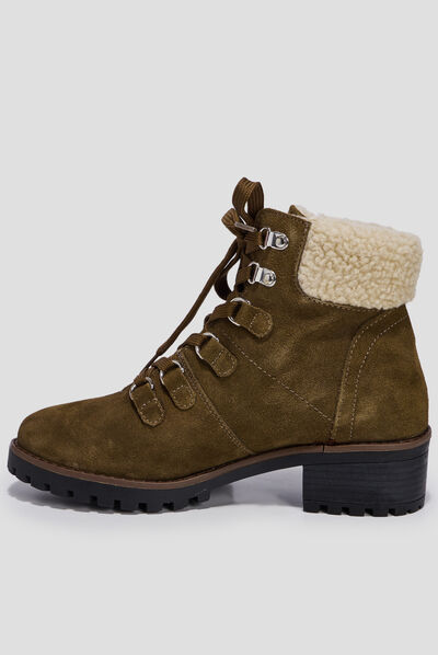 Bottines à talons empiècement molletonné vert kaki femme