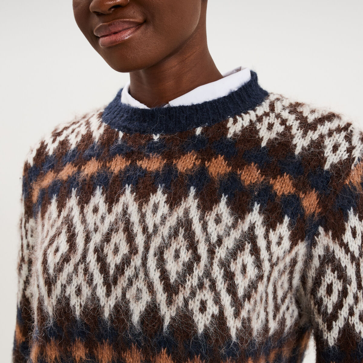 Pull manches longues col rond marron femme