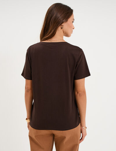 T-shirt manches courtes col en V coton marron fonc&eacute; femme