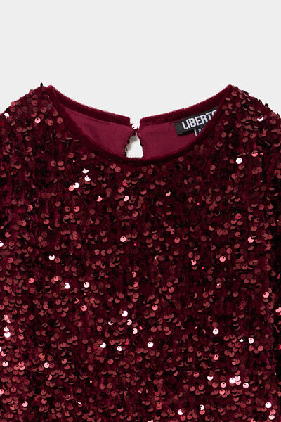 Robe courte &agrave; sequins manches longues bordeaux fille