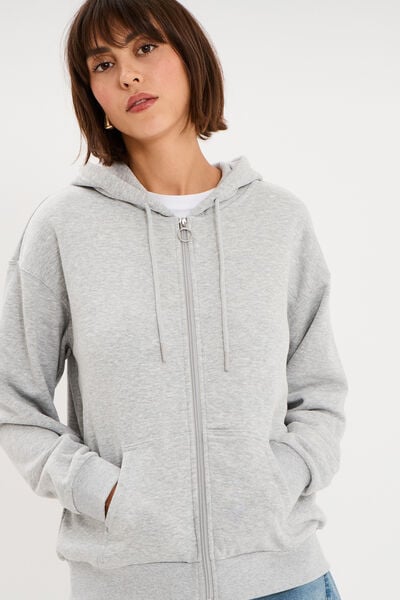 Sweat zipp&eacute; &agrave; capuche gris clair femme