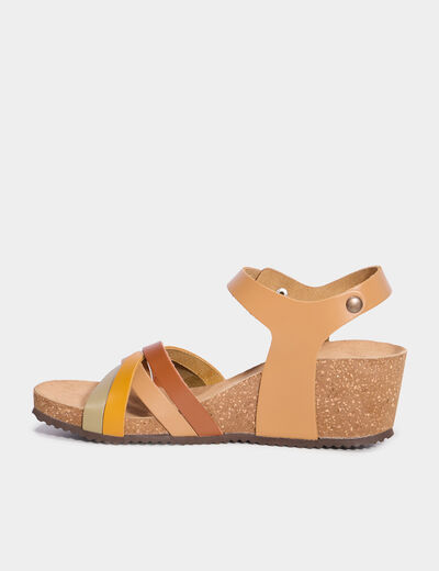 Sandales compens&eacute;es cuir avec brides marron femme
