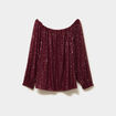 T-shirt sequins et col bardot rouge fonc&eacute; femme