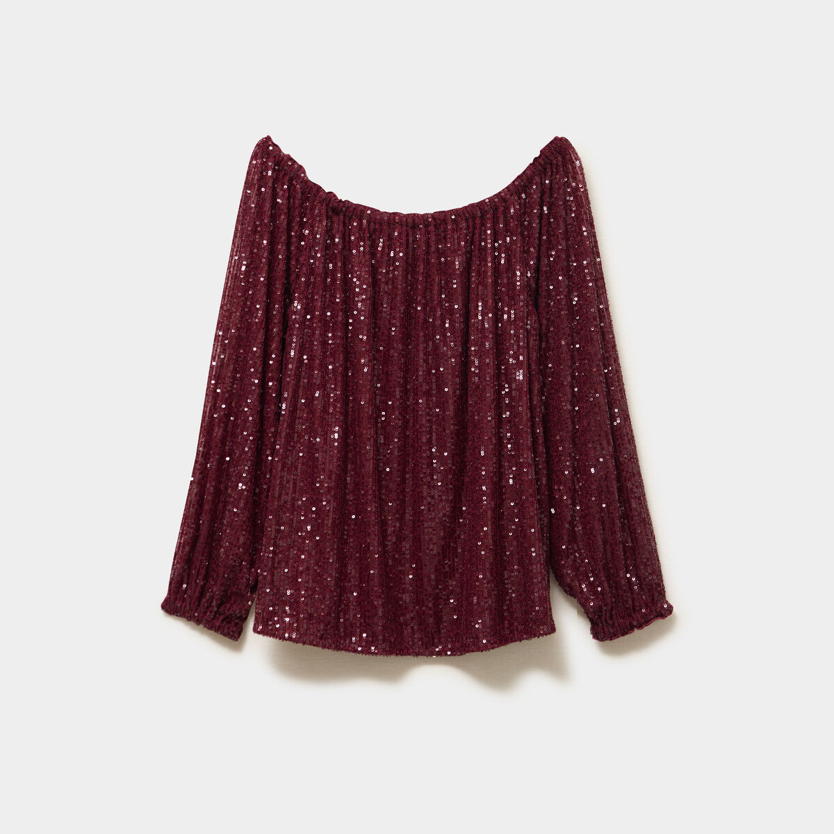 T-shirt sequins et col bardot rouge fonc&eacute; femme