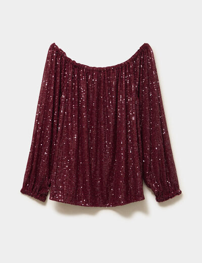 T-shirt sequins et col bardot rouge fonc&eacute; femme