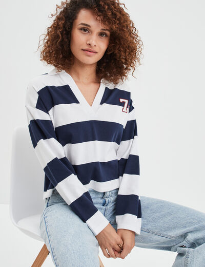 T-shirt col en V manches longues Creeks bleu marine femme