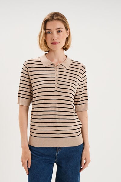 Pull col polo manches courtes beige clair femme