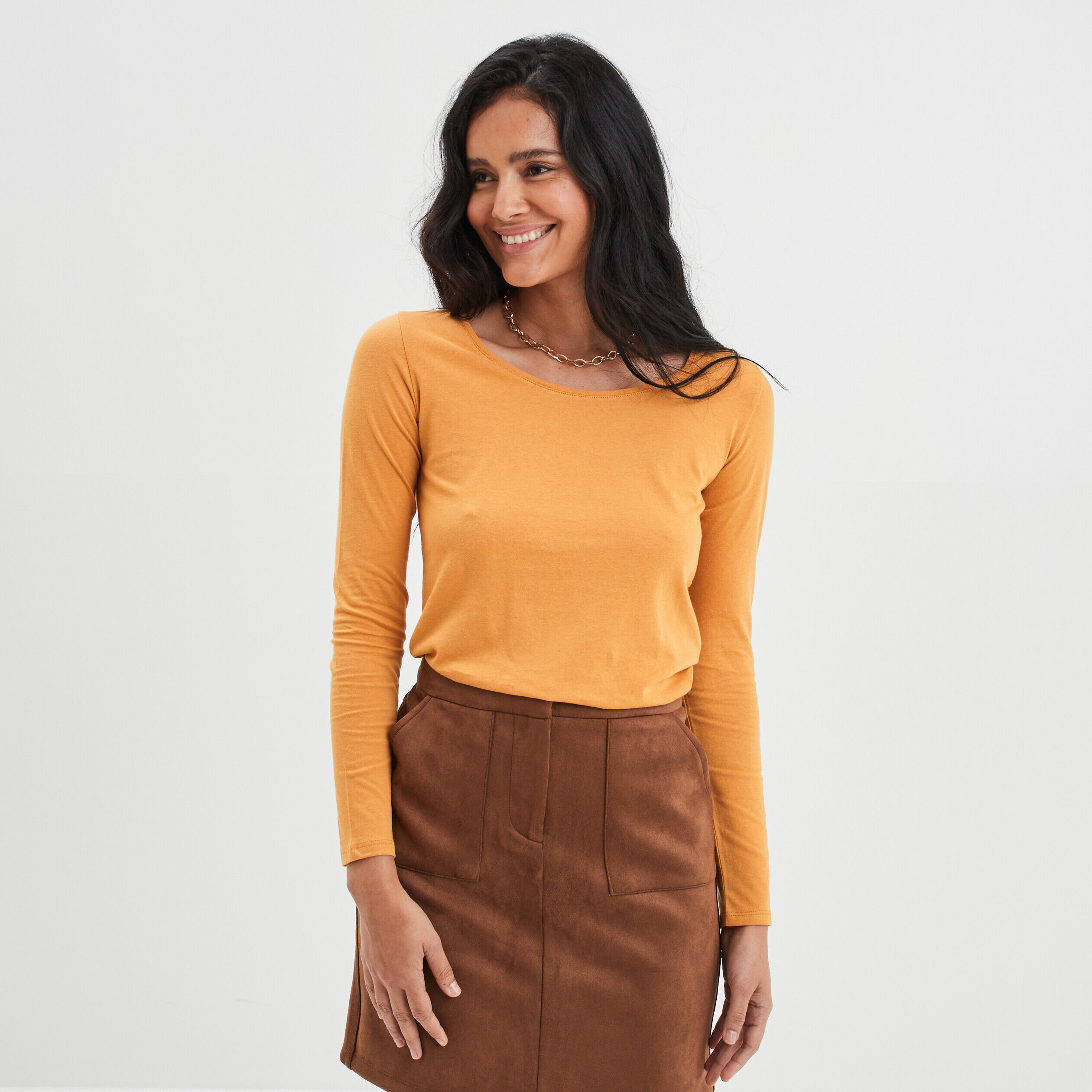 T-shirt coton manches longues jaune moutarde femme LH