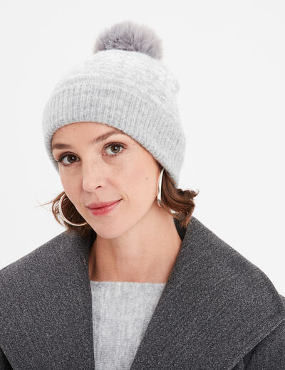 Bonnet à pompon fourrure et strass gris femme