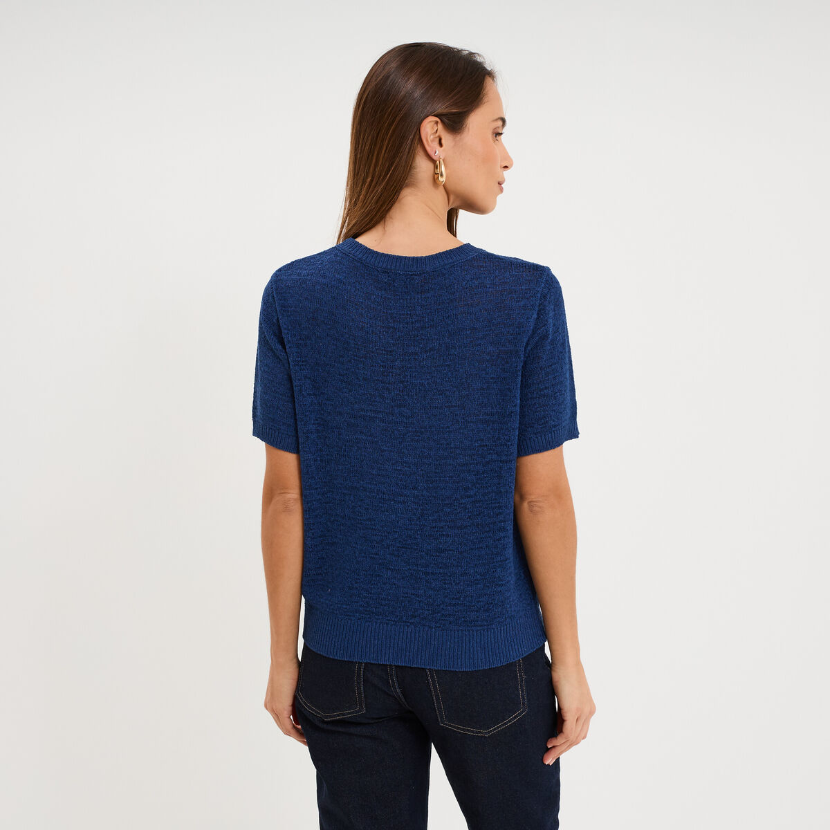 Pull manches courtes col rond bleu marine femme