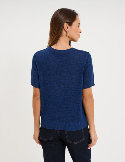 Pull manches courtes col rond bleu marine femme
