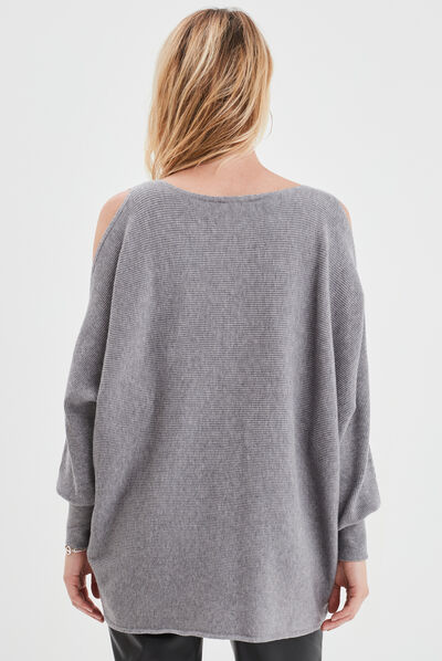 Pull perles et strass au col gris clair femme