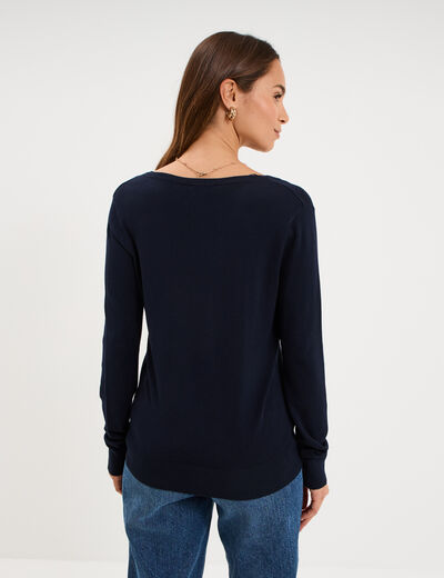 Pull col en V manches longues bleu marine femme