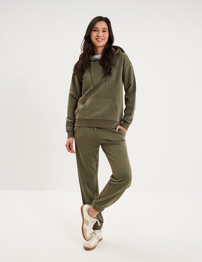 Sweat hoodie 1 poche &agrave; capuche vert kaki femme