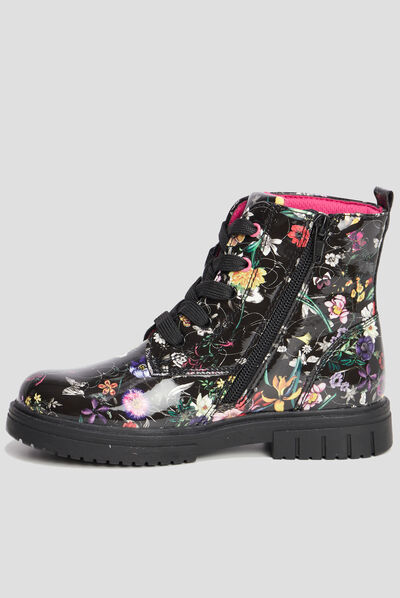 Bottines vernies crantées motif fleurs noir fille