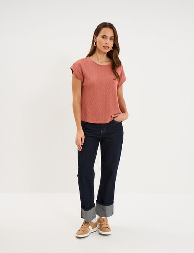 T-shirt ajour&eacute; manches courtes terracotta femme