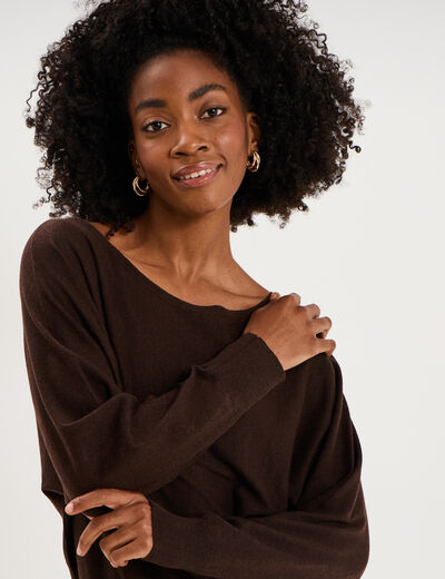 Pull encolure bateau manches longues marron fonc&eacute; femme