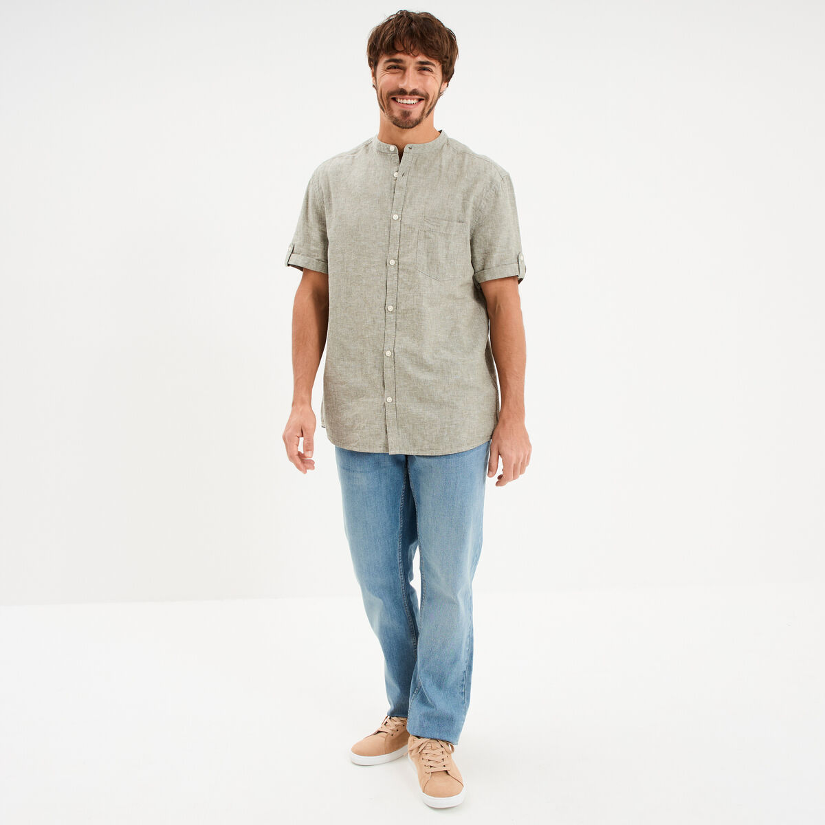 Chemise col mao lin m&eacute;lang&eacute; vert kaki homme