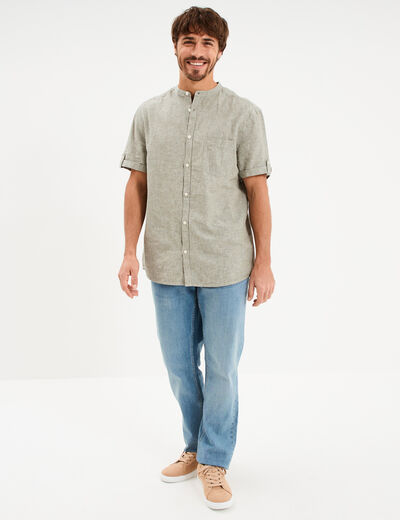 Chemise col mao lin m&eacute;lang&eacute; vert kaki homme