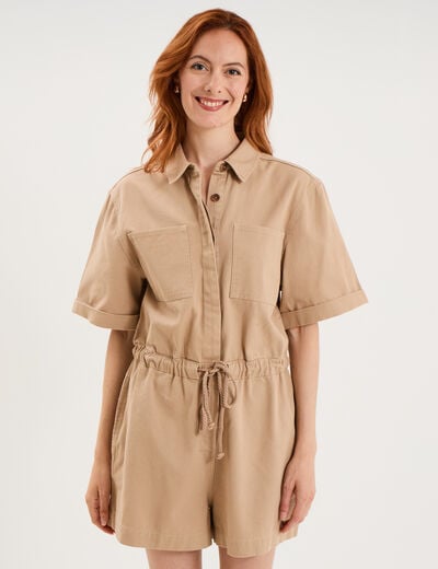 Combishort taille &agrave; coulisse coton sable femme
