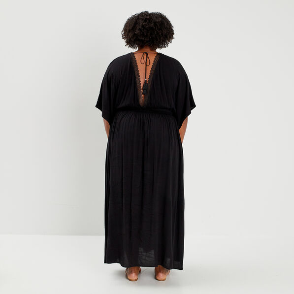 Robe longue droite fluide taille smockée noir femme grande taille