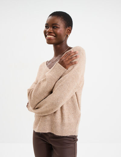 Pull col V &agrave; paillettes et sequins beige femme