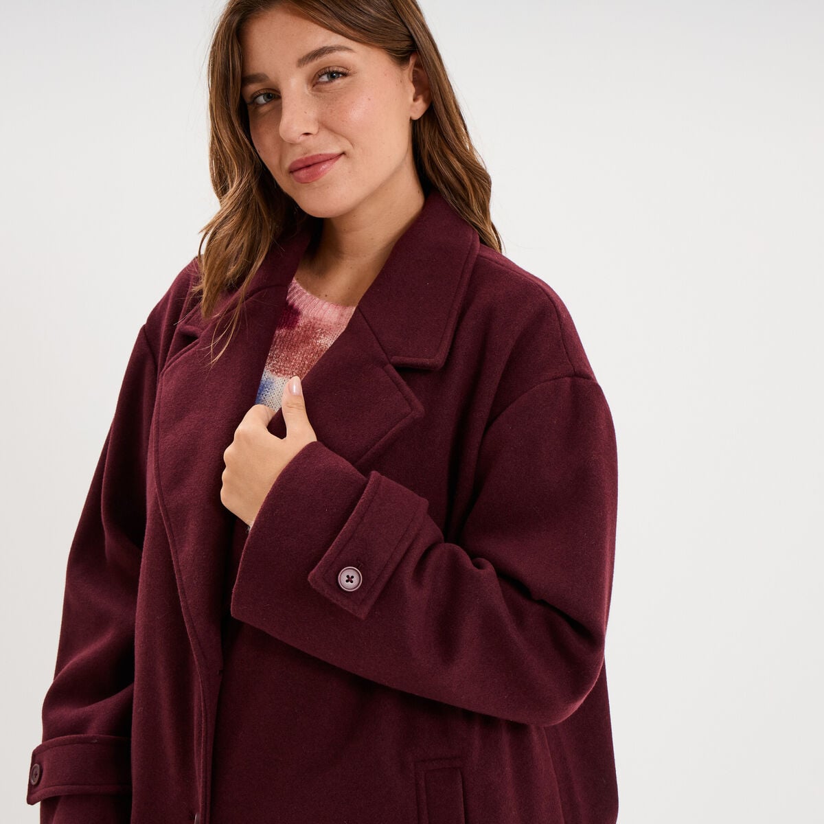 Manteau long col &agrave; revers boutonn&eacute; violet fonc&eacute; femme grande taille
