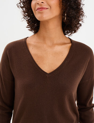 Pull col en V manches longues marron fonc&eacute; femme