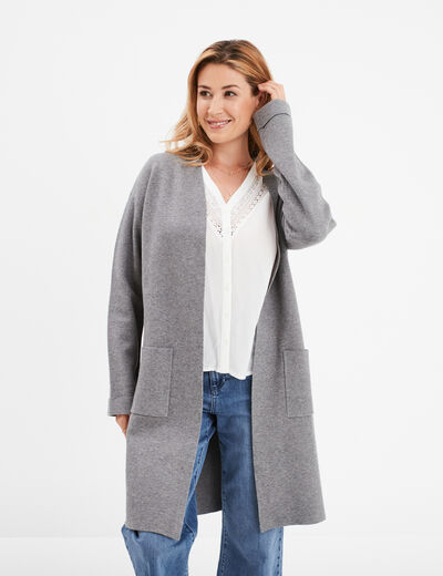 Gilet long manches longues 2 poches gris femme